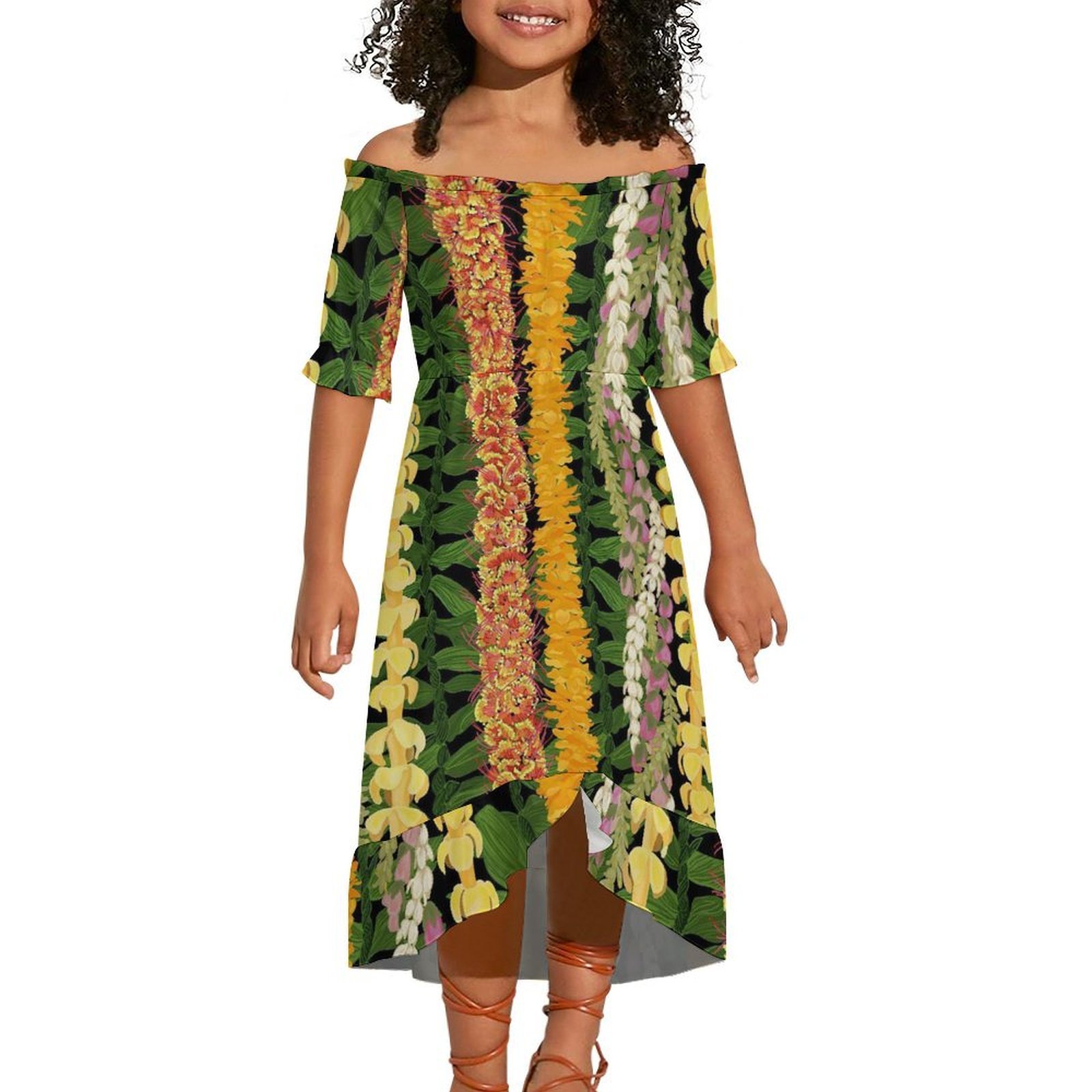 2024 Hot Selling Hawaiian Tropical style Design Custom Fashion Beach Evening Party Girl Short-Sleeved Off-The-Shoulder Dress