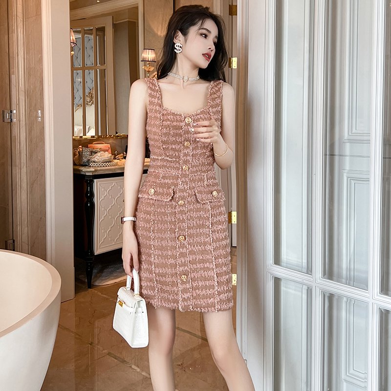 ZYHT 20558 In Stock Retro Style Gold Button Sleeveless Suspender Tweed Dress Metal Buckle Pink Striped Knitted Lady Mini Dress