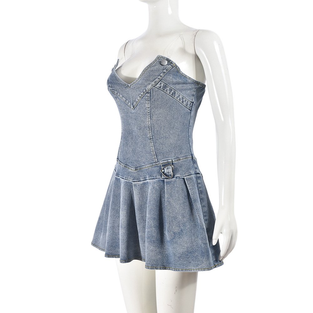 Wholesale Fashionable Ladies Casual Blue Jean Dress Denim Strapless Pleated Mini Dress Y2K Streetwear Women's Jeans Dresses