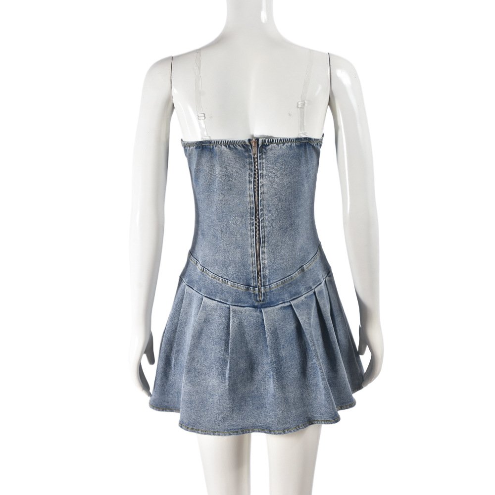 Wholesale Fashionable Ladies Casual Blue Jean Dress Denim Strapless Pleated Mini Dress Y2K Streetwear Women's Jeans Dresses