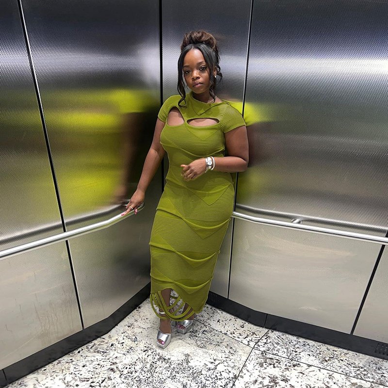 Casual summer cut out short sleeve green knitted dress women long sweater dress with tassel