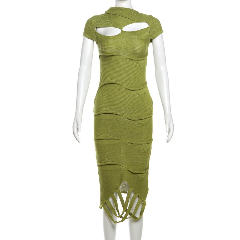 Casual summer cut out short sleeve green knitted dress women long sweater dress with tassel