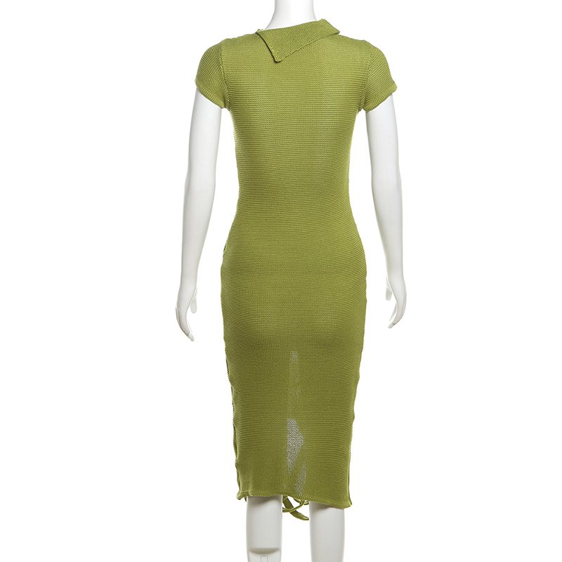 Casual summer cut out short sleeve green knitted dress women long sweater dress with tassel