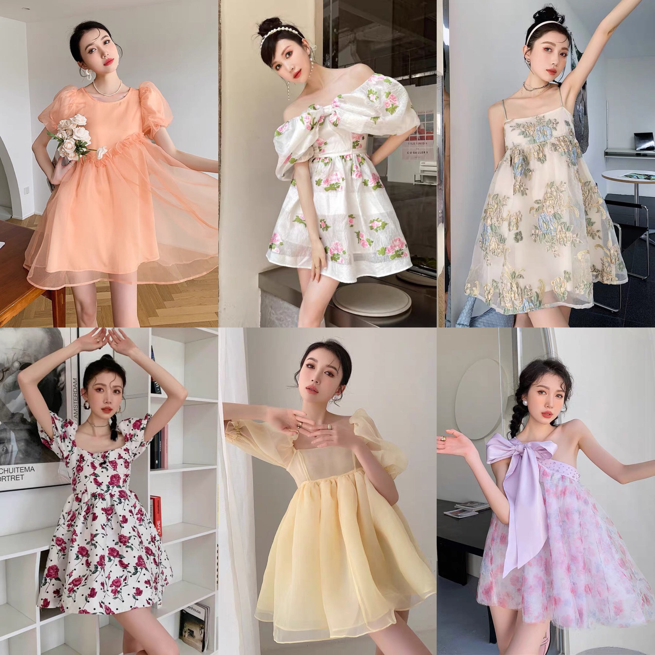 2024 Summer New Waist Slimming Fragmented Flower Skirt High end Bubble Sleeve Women's Dress Manufacturer Wholesale