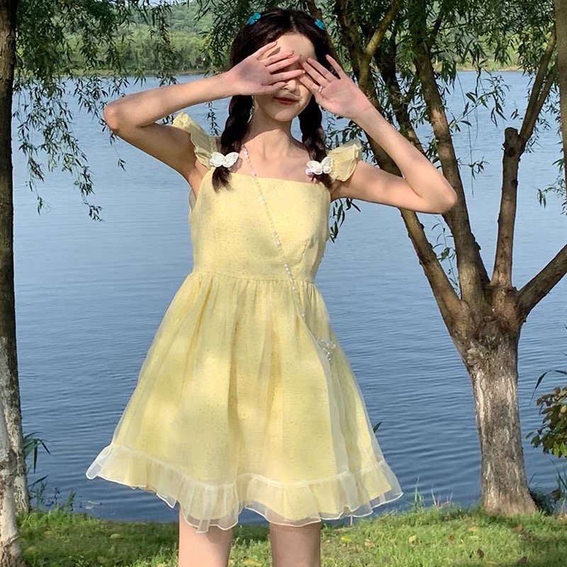 2024 Summer New Waist Slimming Fragmented Flower Skirt High end Bubble Sleeve Women's Dress Manufacturer Wholesale
