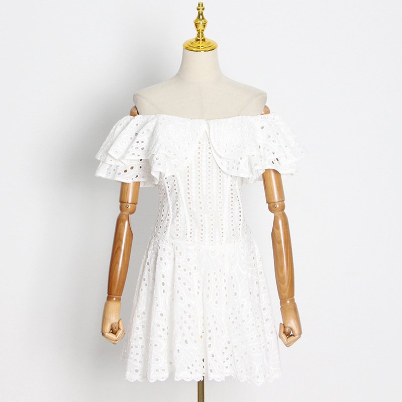 GIMILY oem custom wholesale sexy women party dresses Female Double Ruffle Edge one line collar Embroidered mini dress for women