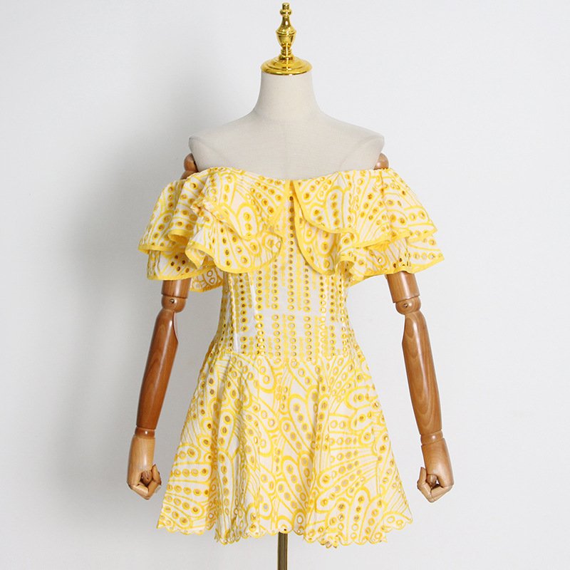 GIMILY oem custom wholesale sexy women party dresses Female Double Ruffle Edge one line collar Embroidered mini dress for women