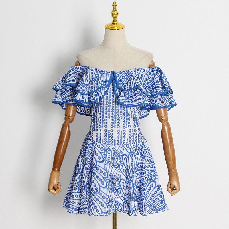 GIMILY oem custom wholesale sexy women party dresses Female Double Ruffle Edge one line collar Embroidered mini dress for women