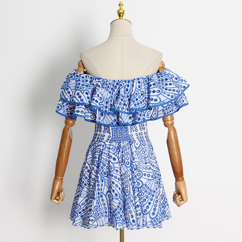 GIMILY oem custom wholesale sexy women party dresses Female Double Ruffle Edge one line collar Embroidered mini dress for women