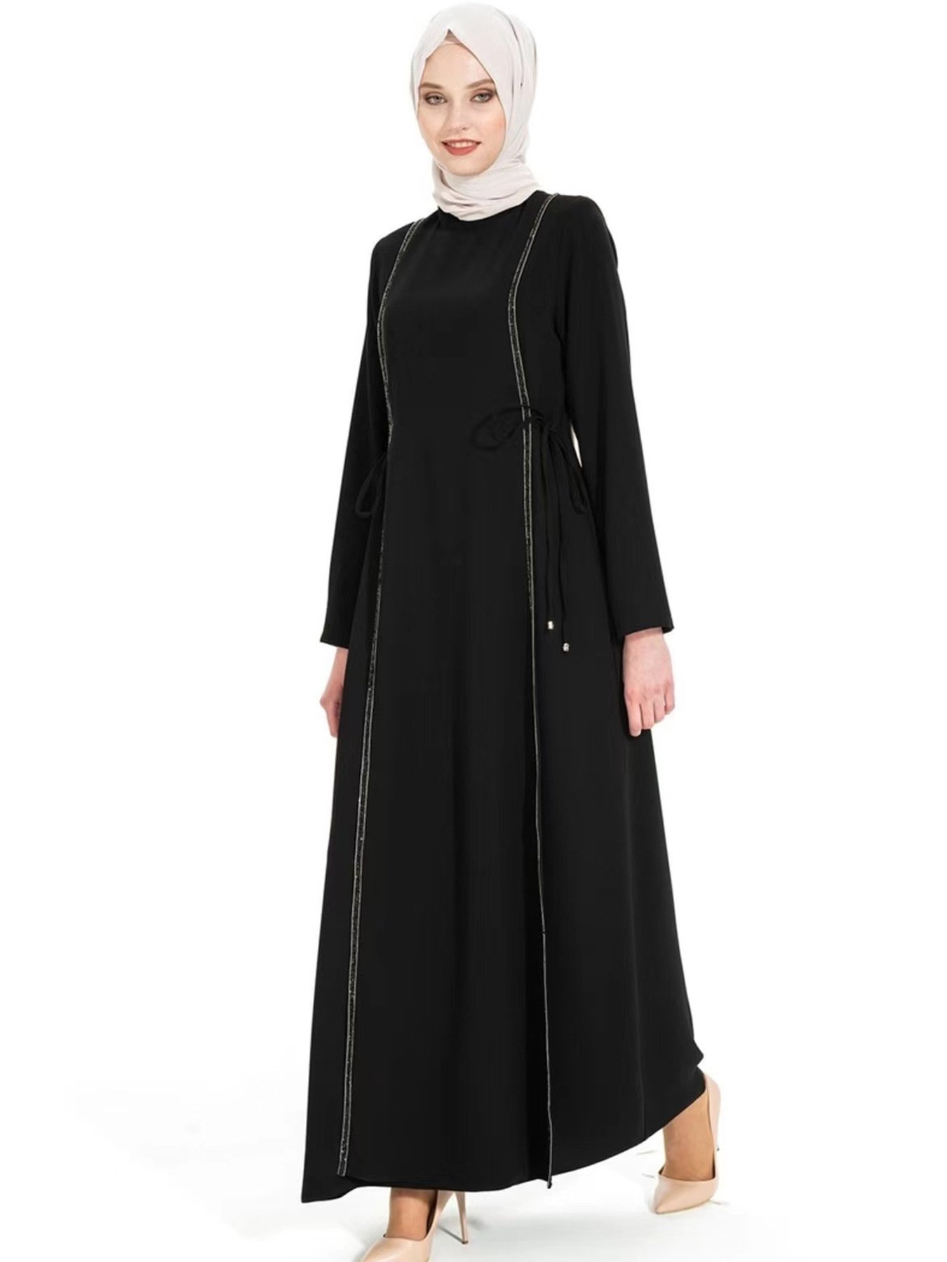 Wholesale 2023 Islamic Muslim Women Casual Loose Abaya Long Dress Fashion Hot Drilling Adjustable Waist Dresses Robe
