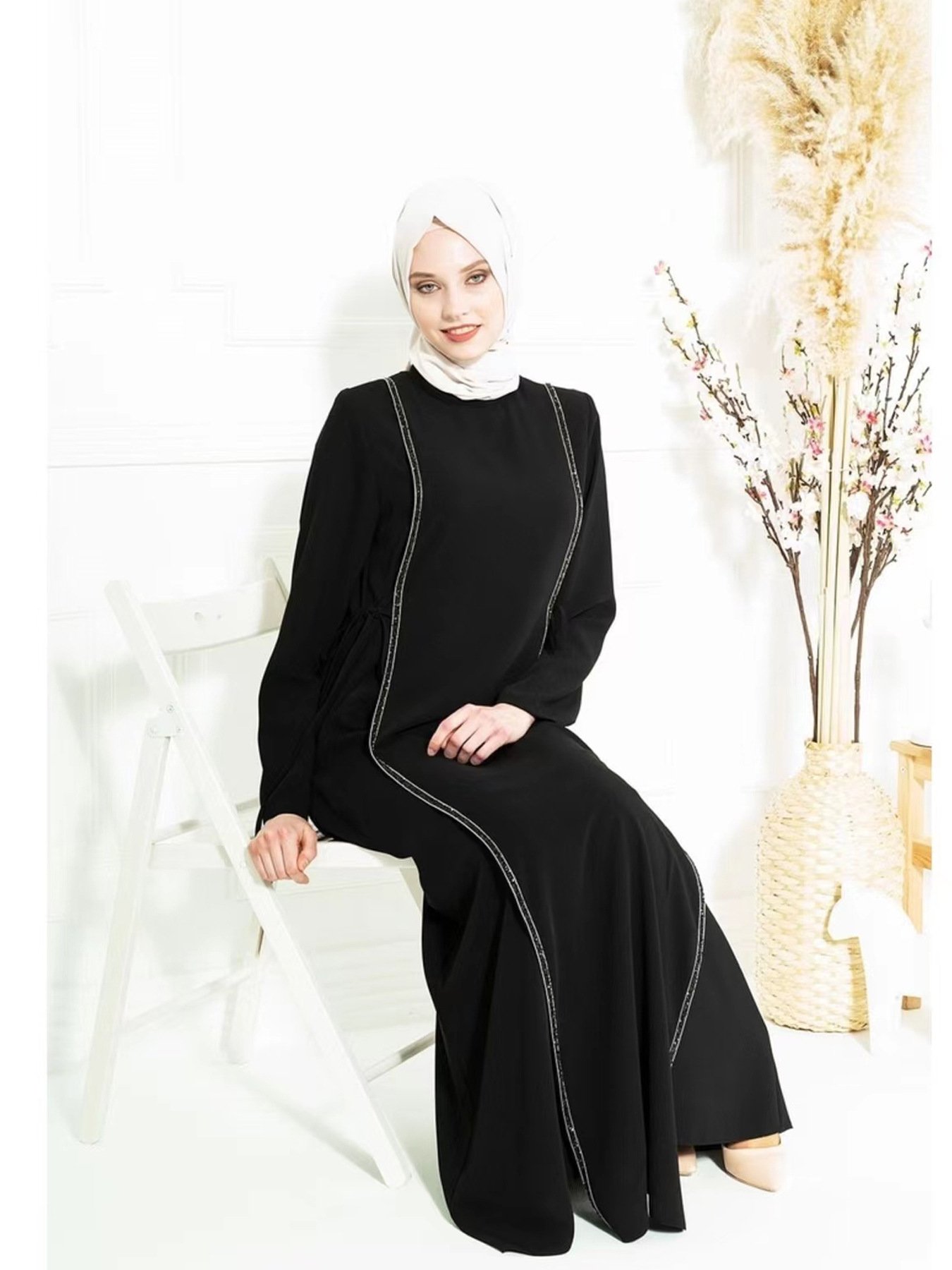 Wholesale 2023 Islamic Muslim Women Casual Loose Abaya Long Dress Fashion Hot Drilling Adjustable Waist Dresses Robe