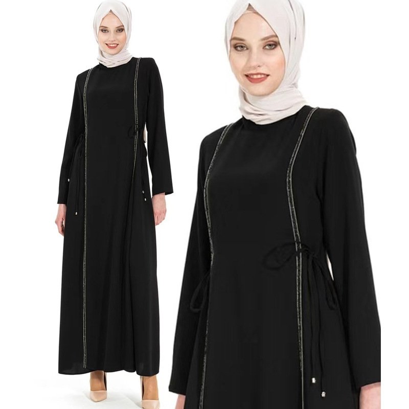 Wholesale 2023 Islamic Muslim Women Casual Loose Abaya Long Dress Fashion Hot Drilling Adjustable Waist Dresses Robe