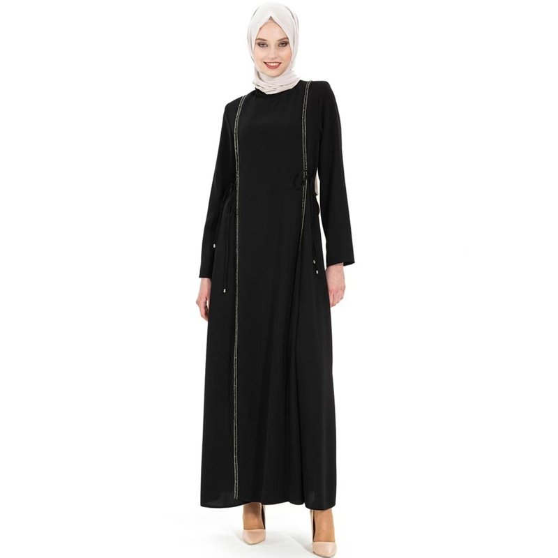 Wholesale 2023 Islamic Muslim Women Casual Loose Abaya Long Dress Fashion Hot Drilling Adjustable Waist Dresses Robe