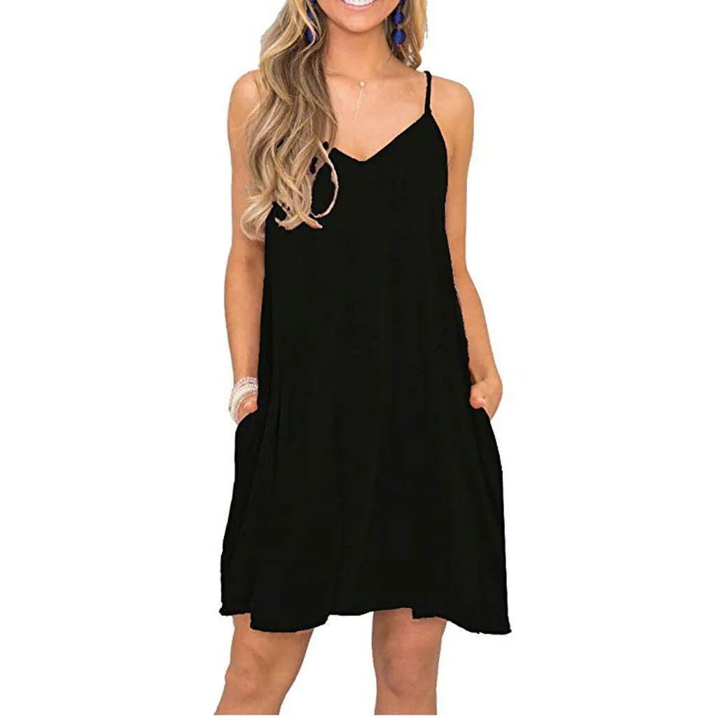 New Casual Dress A-line Skirt Bohemian SunDress V Neck Loose Cotton Linen Sleeveless Skirt Spaghetti Straps Ruffles Beach Dress