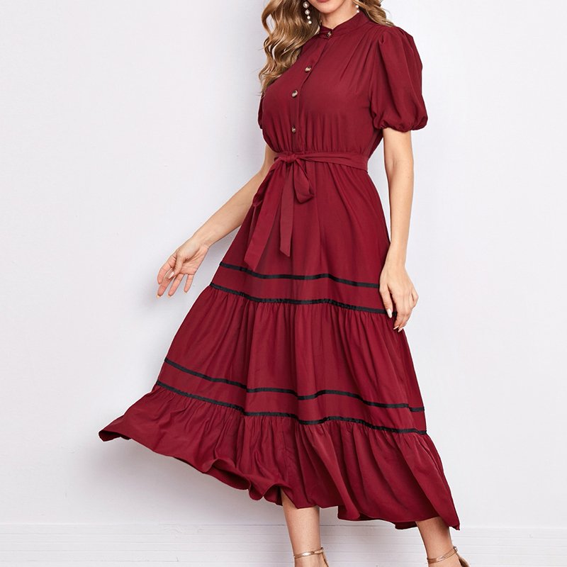 Best Selling Casual Dress Puff Sleeve Ruffle Hem Solid Color Midi Dress
