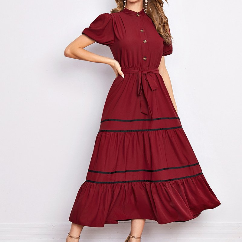 Best Selling Casual Dress Puff Sleeve Ruffle Hem Solid Color Midi Dress