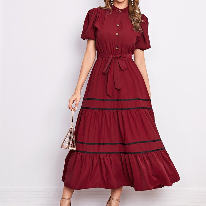 Best Selling Casual Dress Puff Sleeve Ruffle Hem Solid Color Midi Dress