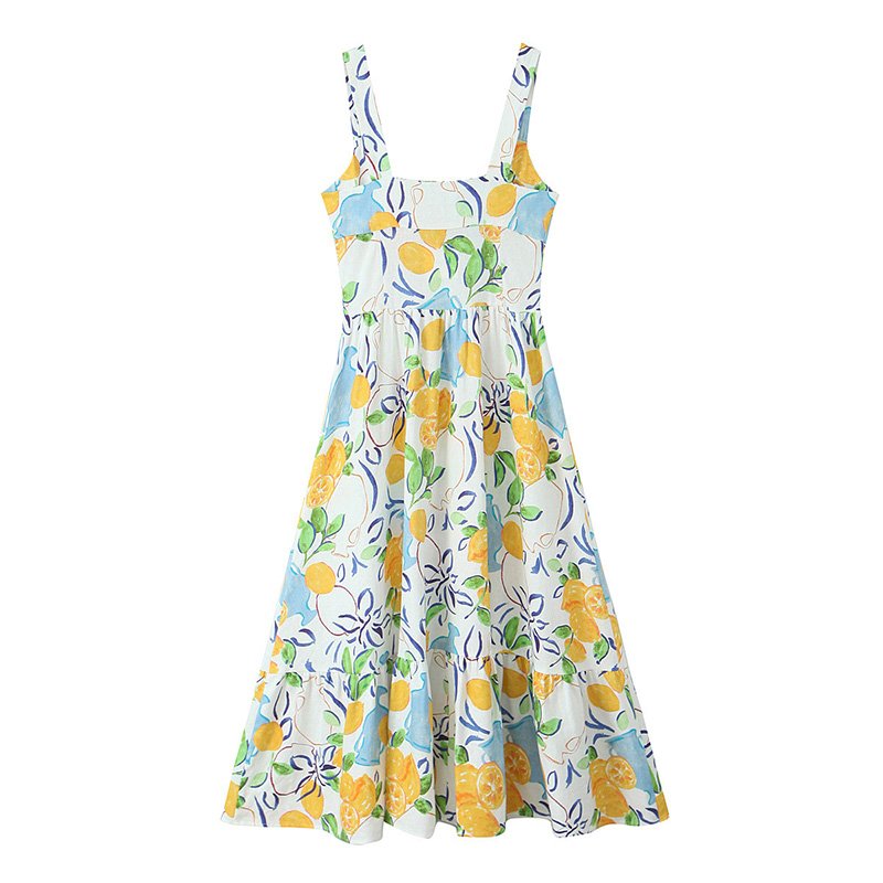 ZATRHMBM women's 2024 new fashion blended printed midi dress retro suspenders single-breasted casual dress