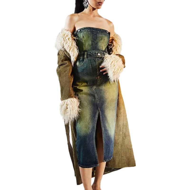 New arrivals wholesale price fashion casual comfortable 2-In-1 detachable denim midi dress
