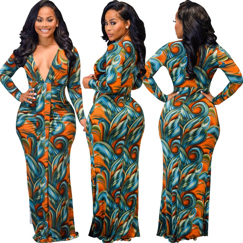 High Quality Sexy Fashion Dress Long Sleeve Ladies Women Ladies Casual Floral Long Maxi Dress
