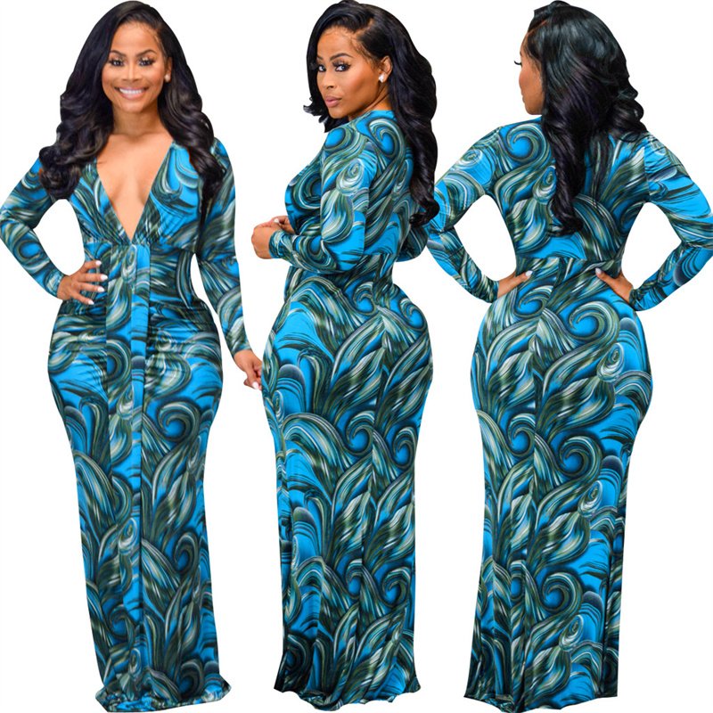 High Quality Sexy Fashion Dress Long Sleeve Ladies Women Ladies Casual Floral Long Maxi Dress