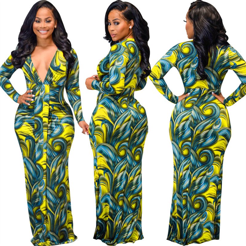 High Quality Sexy Fashion Dress Long Sleeve Ladies Women Ladies Casual Floral Long Maxi Dress