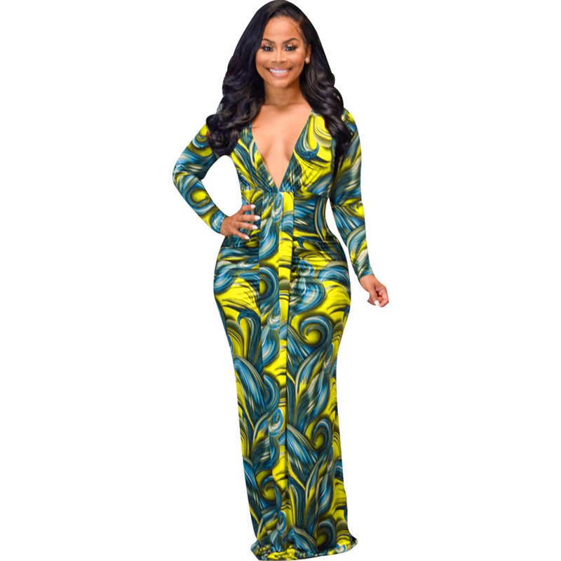 High Quality Sexy Fashion Dress Long Sleeve Ladies Women Ladies Casual Floral Long Maxi Dress