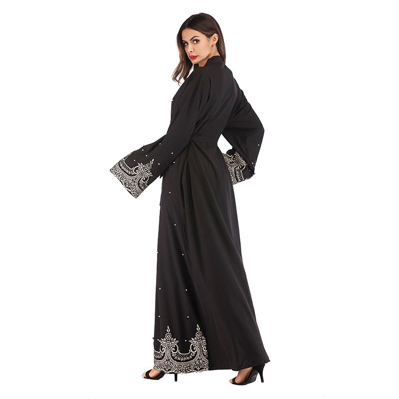2023 Modest Stain Turkish Dubai Bead Eid Kimono Abaya Long Rope Set Muslim Dress Islamic for Ladies