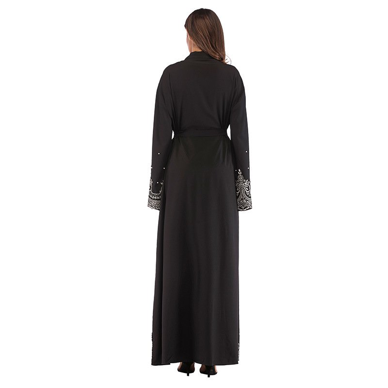 2023 Modest Stain Turkish Dubai Bead Eid Kimono Abaya Long Rope Set Muslim Dress Islamic for Ladies