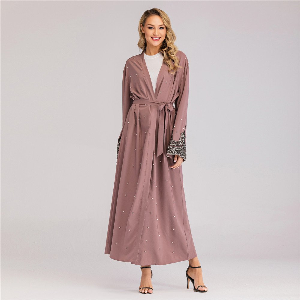 2023 Modest Stain Turkish Dubai Bead Eid Kimono Abaya Long Rope Set Muslim Dress Islamic for Ladies