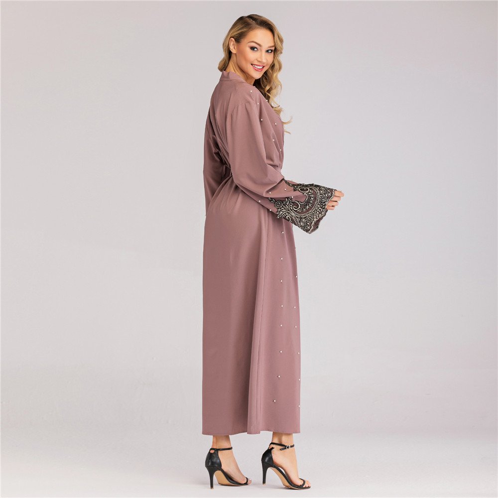2023 Modest Stain Turkish Dubai Bead Eid Kimono Abaya Long Rope Set Muslim Dress Islamic for Ladies