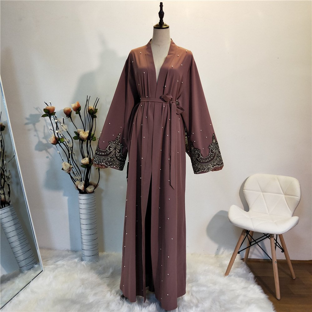 2023 Modest Stain Turkish Dubai Bead Eid Kimono Abaya Long Rope Set Muslim Dress Islamic for Ladies