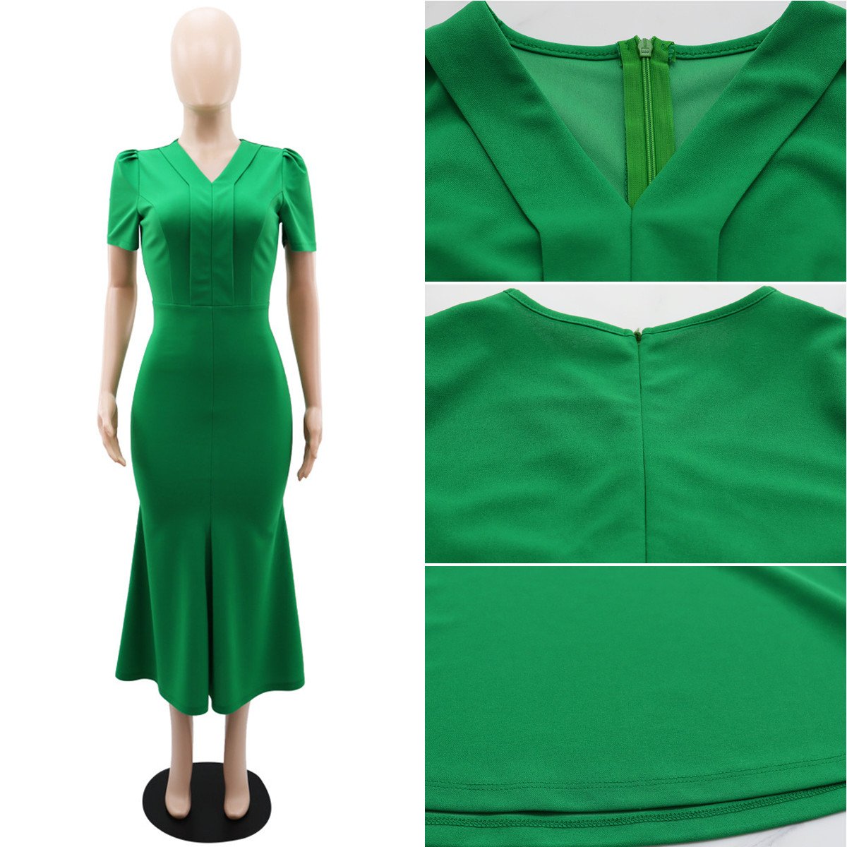 YQY10249 High Quality Summer Dresses Women Casual V-neck Short Sleeve Ruffle Slim Career Dresses Elegant Ladies Office Dress