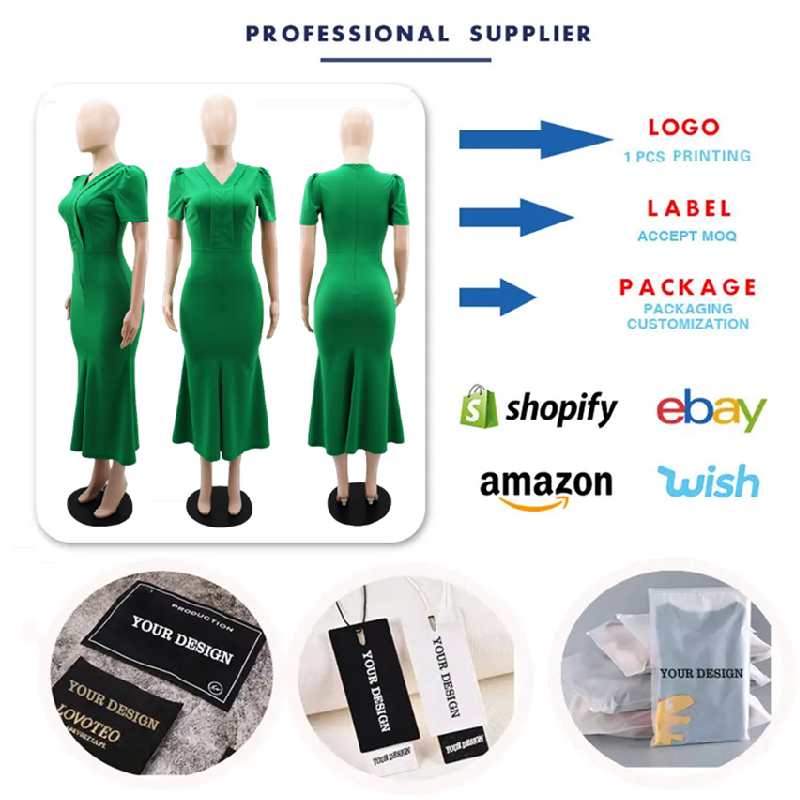 YQY10249 High Quality Summer Dresses Women Casual V-neck Short Sleeve Ruffle Slim Career Dresses Elegant Ladies Office Dress