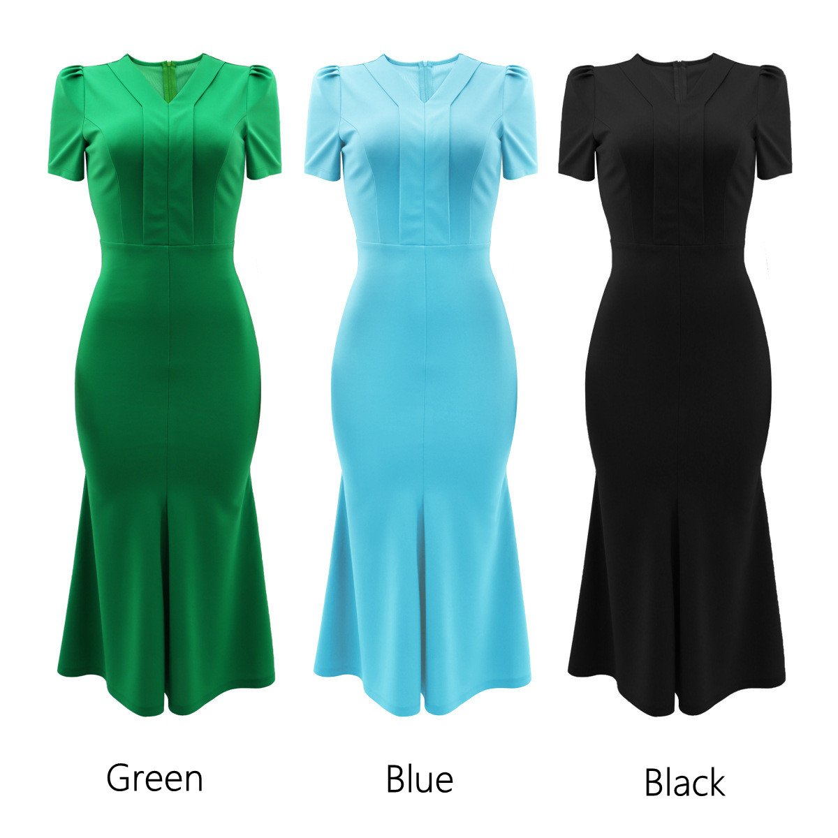 YQY10249 High Quality Summer Dresses Women Casual V-neck Short Sleeve Ruffle Slim Career Dresses Elegant Ladies Office Dress
