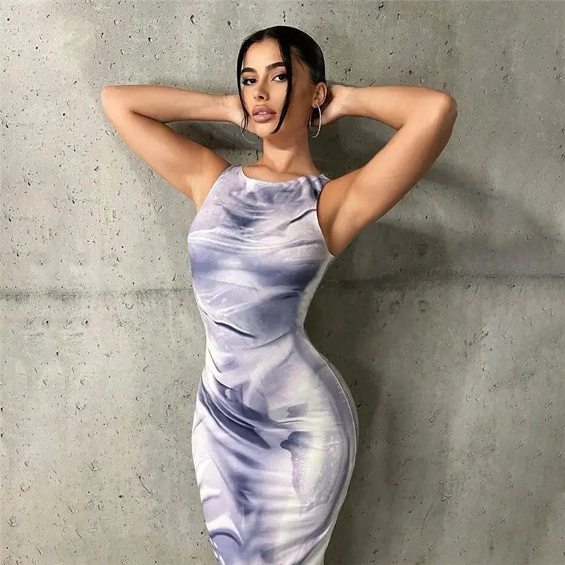 WQ5693 Autumn dress crew neck digital print sleeveless dress irregular skinny hip wrap maxi dress women clothes
