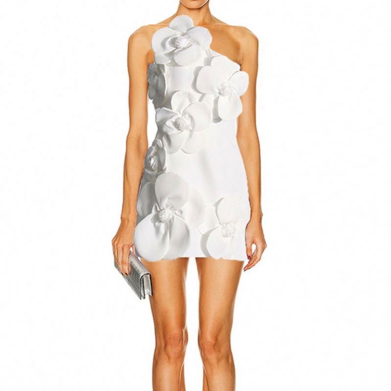 Fall 2024 new fashion sexy oblique shoulder three-dimensional flower design tight waist high-grade short dress women