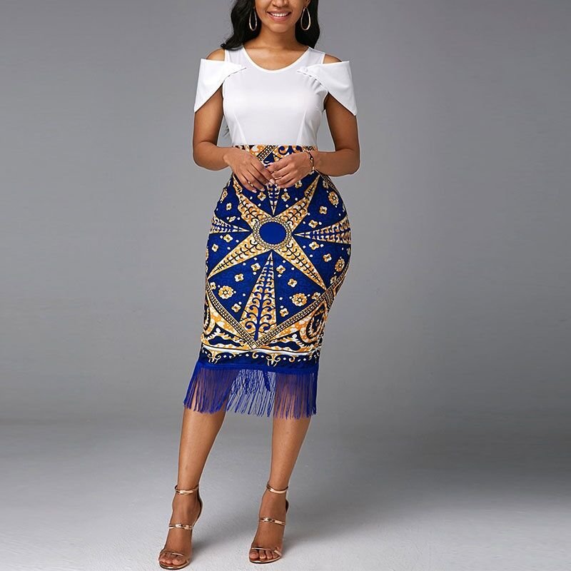 New Irnovation women's printed splicing fringe temperament commuter package hip dress retro high-waisted casual dresses
