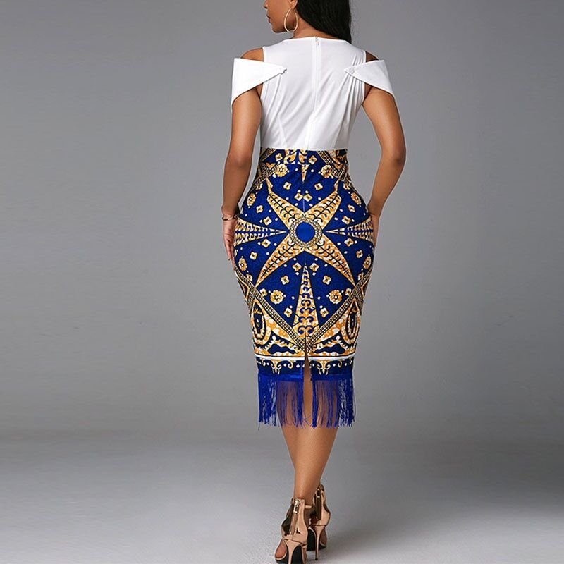New Irnovation women's printed splicing fringe temperament commuter package hip dress retro high-waisted casual dresses