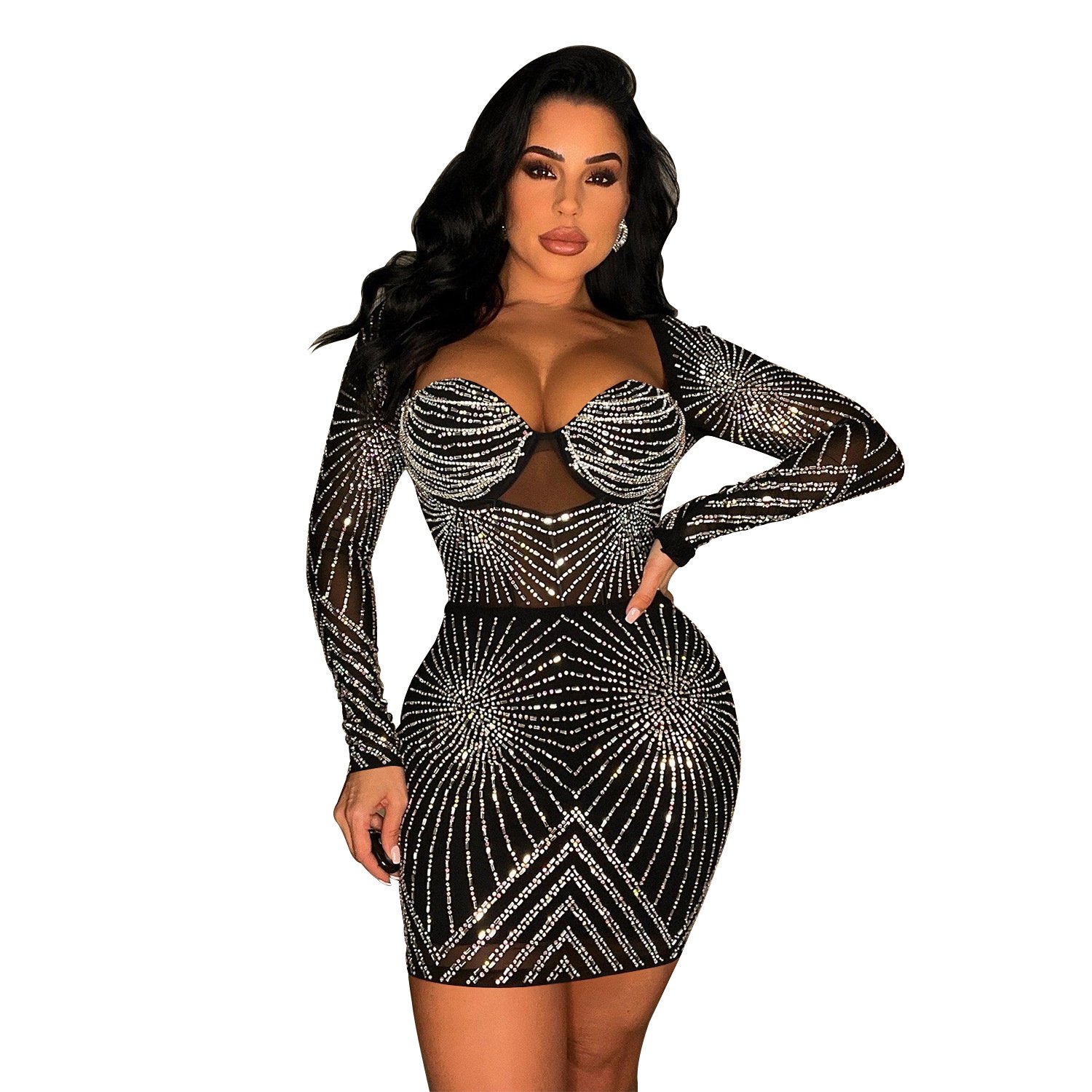 dropshipping women clothes lady evening dresses sexy nightclub party women's mesh see through Long sleeve diamond skirt dress