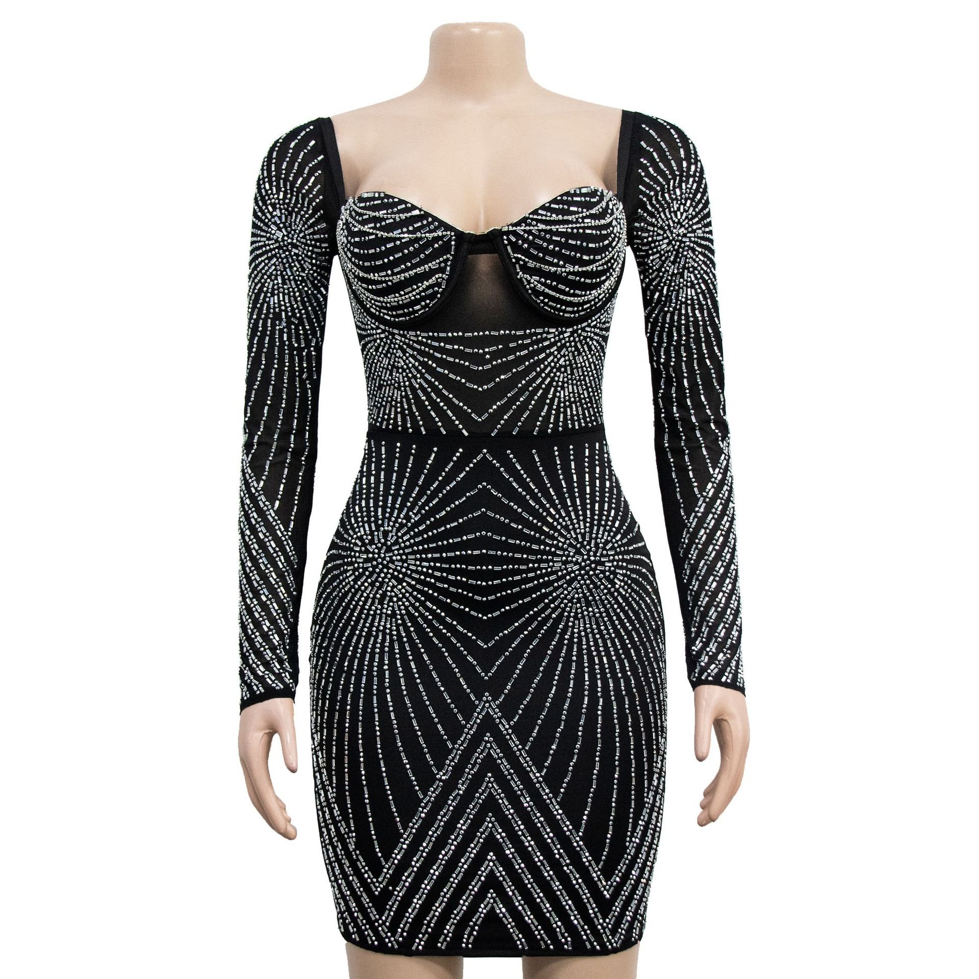 dropshipping women clothes lady evening dresses sexy nightclub party women's mesh see through Long sleeve diamond skirt dress