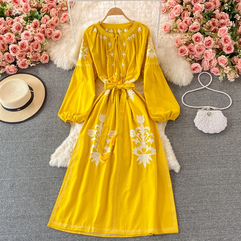 Ethnic Style Tourism Holiday Embroidery Round Neck Lantern Sleeve Long Dress Bohemian Retro Loose Swing Dress Women