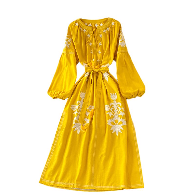 Ethnic Style Tourism Holiday Embroidery Round Neck Lantern Sleeve Long Dress Bohemian Retro Loose Swing Dress Women
