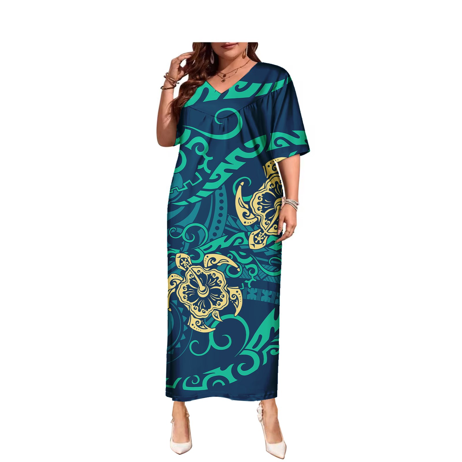 Summer Lady Elegant Casual Dresses Women Sexy Loose Polynesian island Tribal Samoa Hawaii Tapa Flower Print Short Sleeve Dress