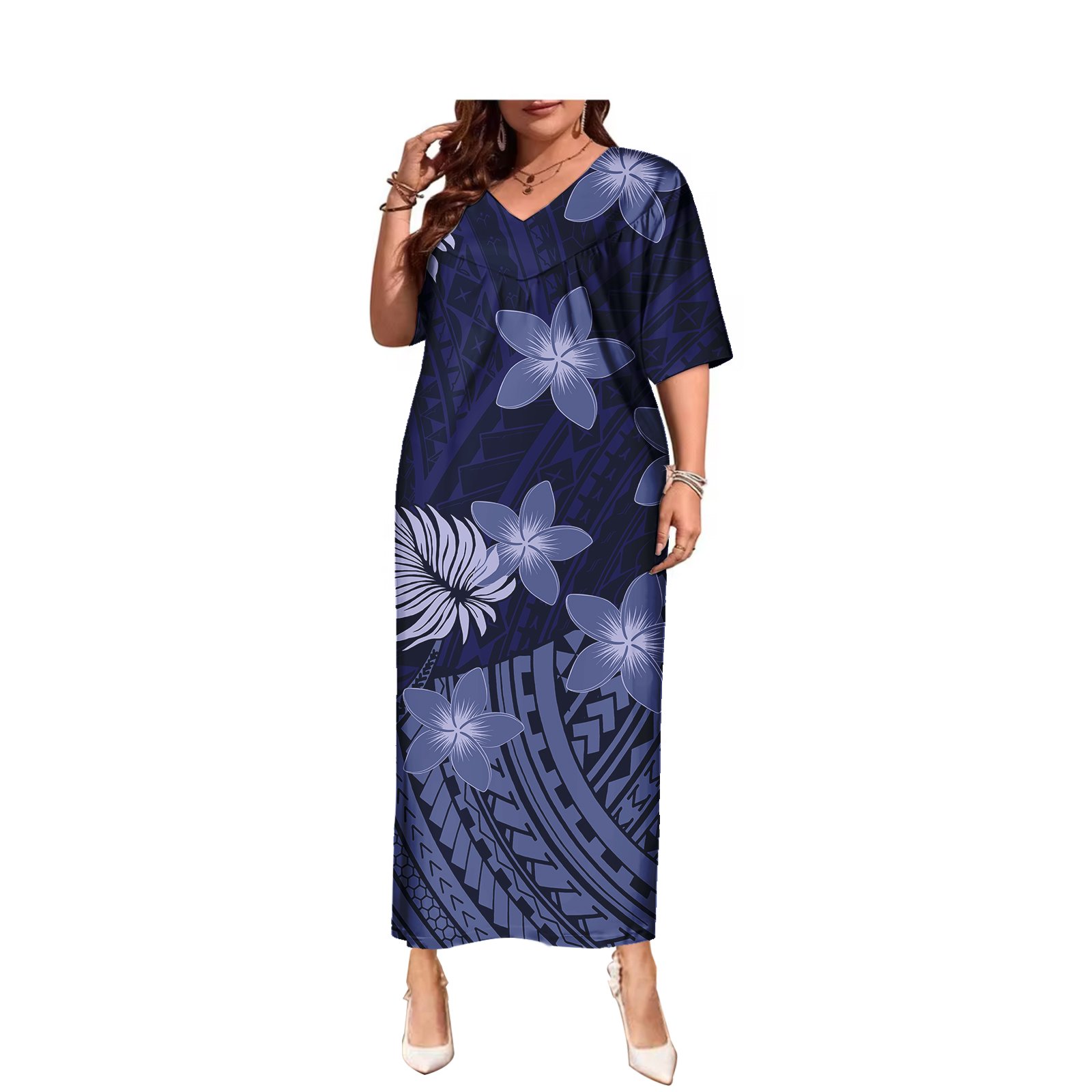 Summer Lady Elegant Casual Dresses Women Sexy Loose Polynesian island Tribal Samoa Hawaii Tapa Flower Print Short Sleeve Dress
