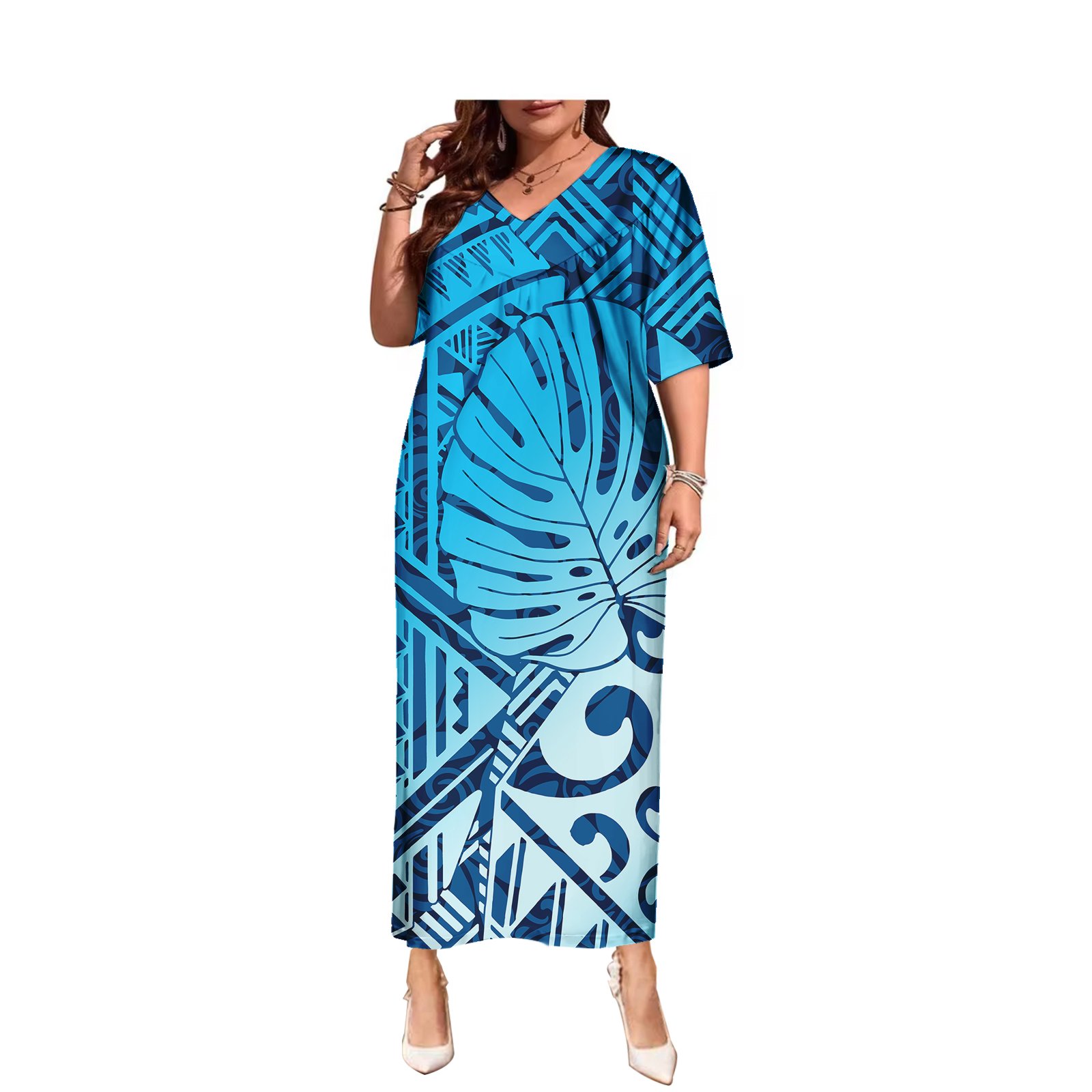 Summer Lady Elegant Casual Dresses Women Sexy Loose Polynesian island Tribal Samoa Hawaii Tapa Flower Print Short Sleeve Dress