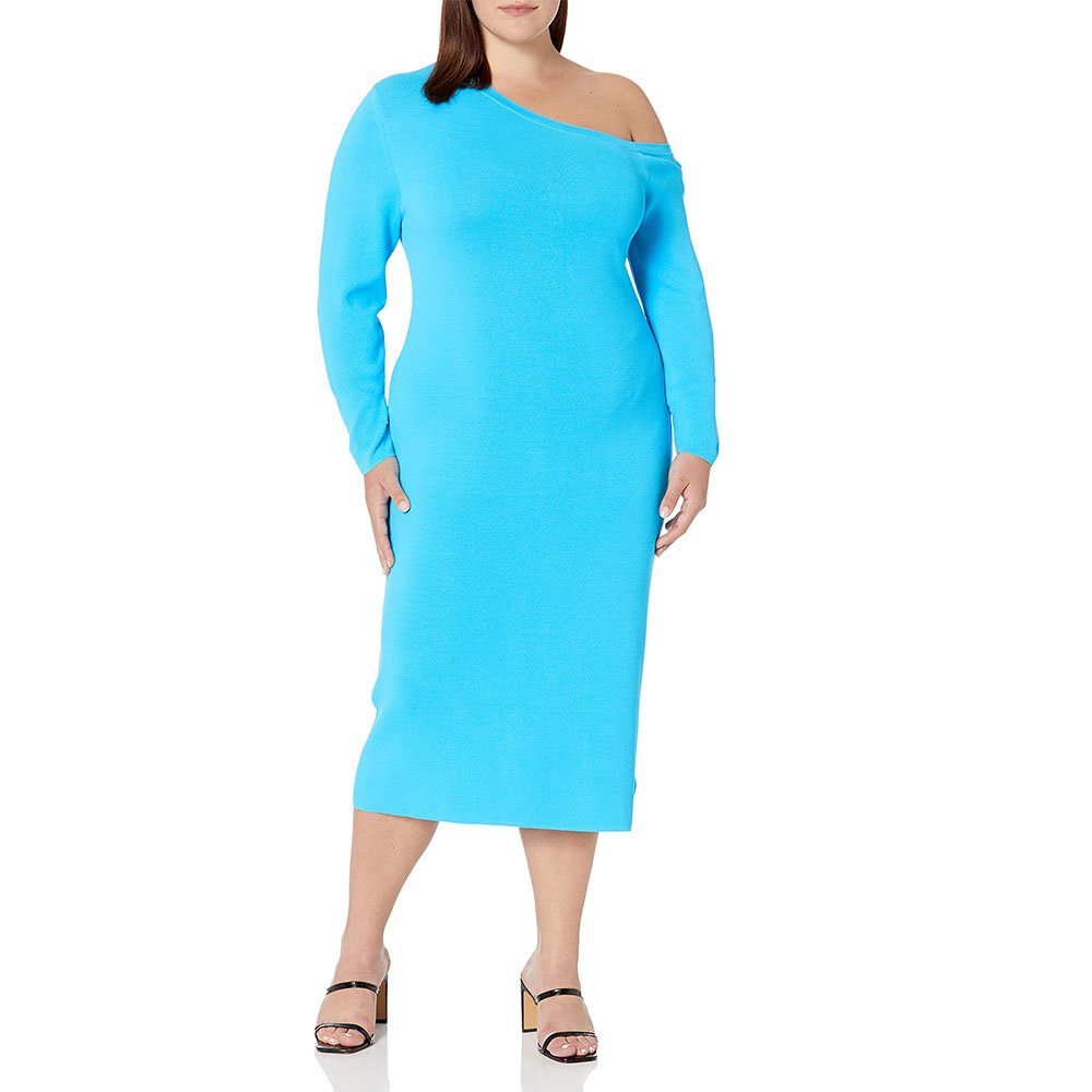 2023 Women Fashion Asymmetric Neckline Midi Dress Daily Plus Size Sexy Elegant Flatter Fit Casual Chic Sweater Slim Soft Bodycon