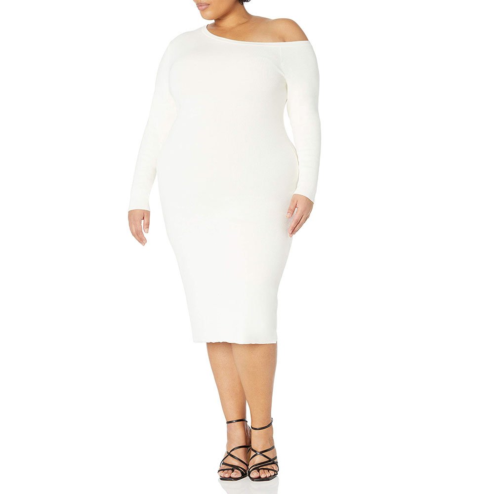2023 Women Fashion Asymmetric Neckline Midi Dress Daily Plus Size Sexy Elegant Flatter Fit Casual Chic Sweater Slim Soft Bodycon