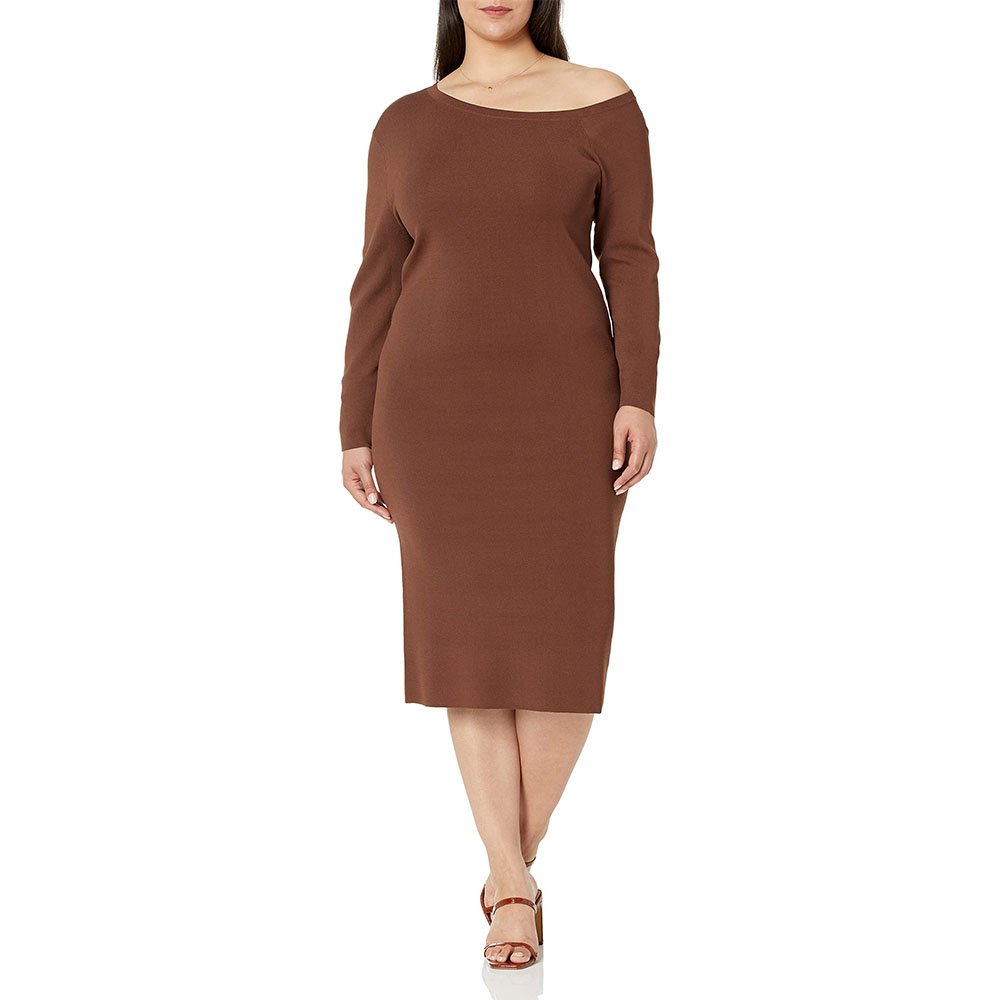 2023 Women Fashion Asymmetric Neckline Midi Dress Daily Plus Size Sexy Elegant Flatter Fit Casual Chic Sweater Slim Soft Bodycon