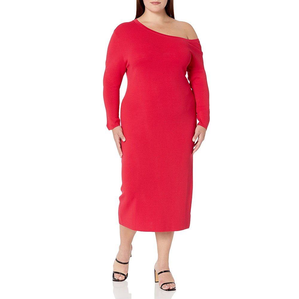 2023 Women Fashion Asymmetric Neckline Midi Dress Daily Plus Size Sexy Elegant Flatter Fit Casual Chic Sweater Slim Soft Bodycon